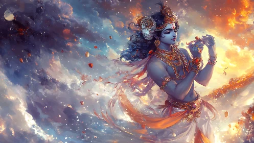 Celestial blue deity in jeweled regalia amid radiant nebula