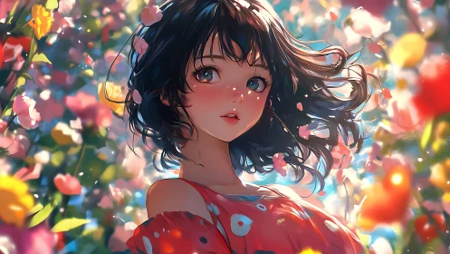 Wind-tossed daydream girl drifts through painted blossoms