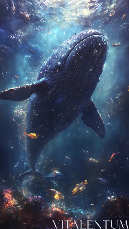 Humpback whale ascending through bioluminescent reef halo