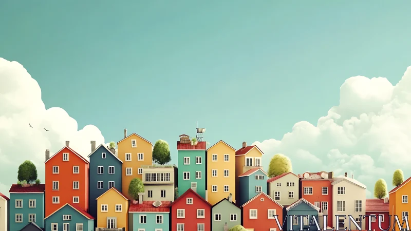 Colorful hillside village under soft pastel skyscape.