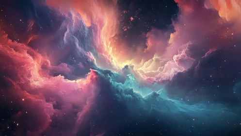 Multicolored interstellar cloud formation with starfield backdrop.