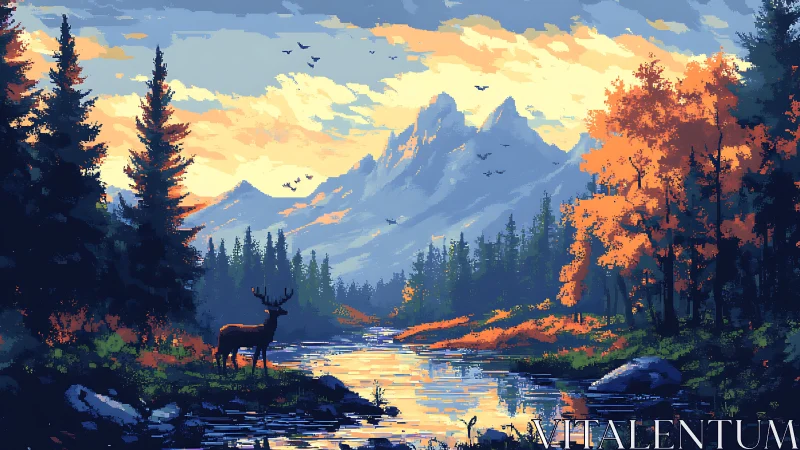 Pixel art mountain river landscape with deer at sunrise.