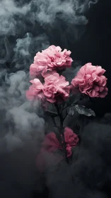 Pink peonies bloom defiantly through swirling smoke and shadow