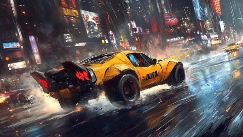 Yellow sports car on wet neon city street at night.