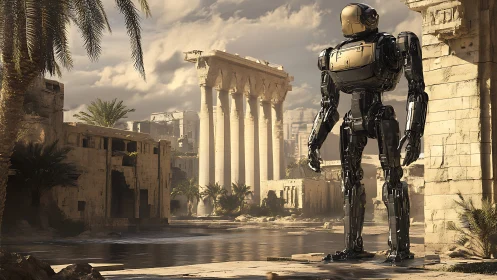 Towering robot quietly contemplates sunlit ancient ruins