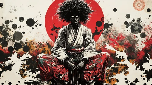 Afrofuturist samurai meditates before crimson rising sun.