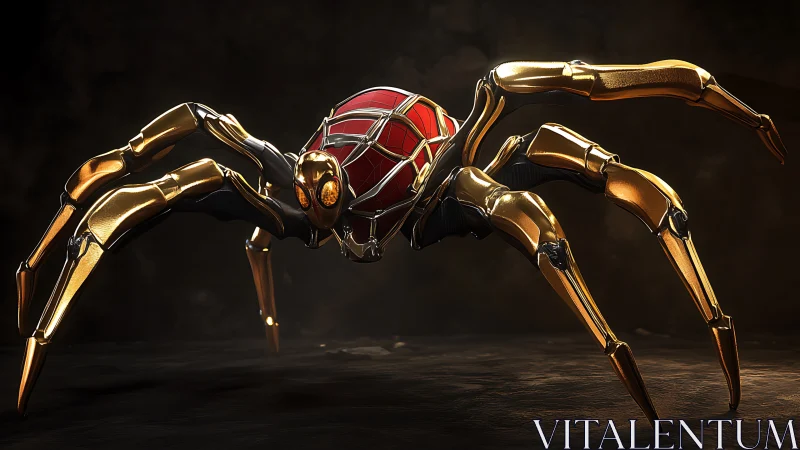 Gold cybernetic spider with red core under dramatic light.