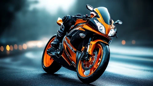Racing orange superbike leans into a misty wet highway