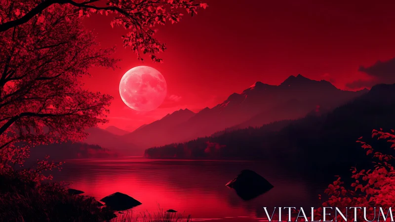 Crimson moonrise above tranquil mountain lake at dusk.
