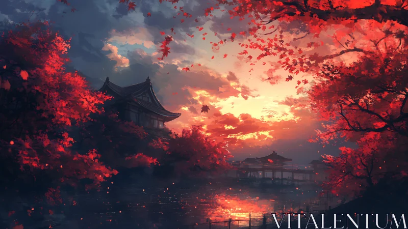 Autumn temple glows over reflective lake at blazing sunset.