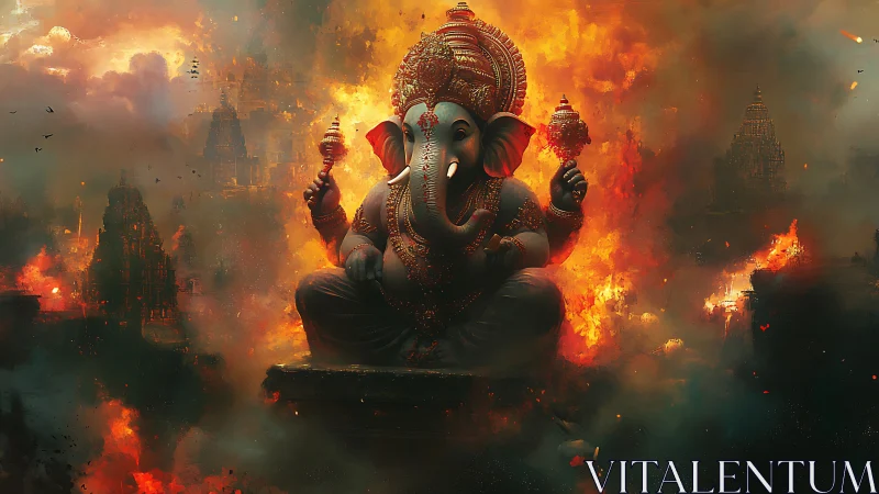 Elephant-headed deity statue amid burning temple complex.