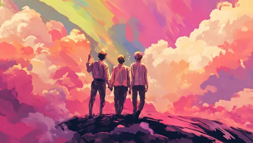 Three dreamers stand beneath a painted neon horizon.