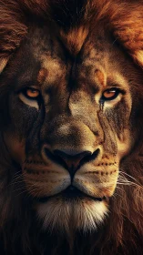 Intense lion portrait with dramatic golden side lighting.
