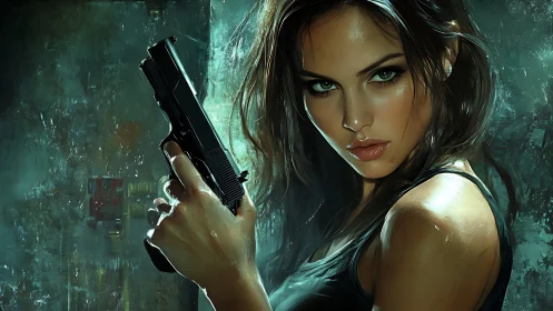 Femme fatale agent with pistol in moody teal lighting.