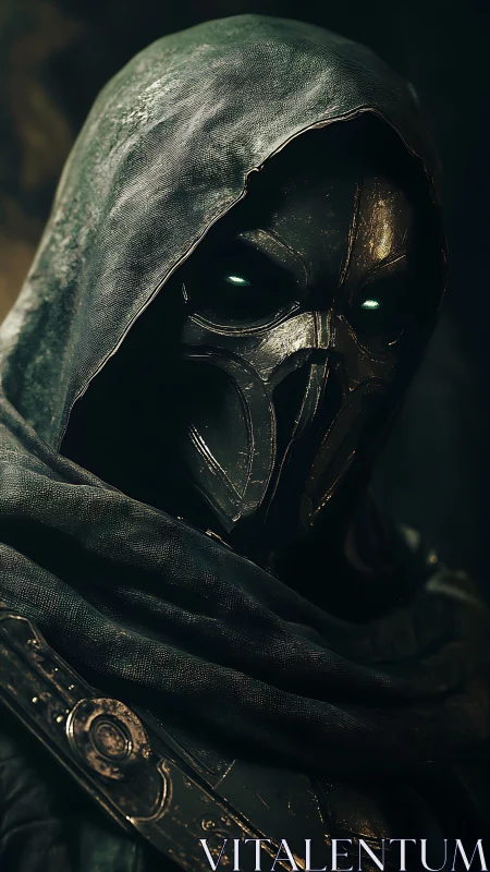 Armored hooded wraith with metallic mask and emissive eyes rendered