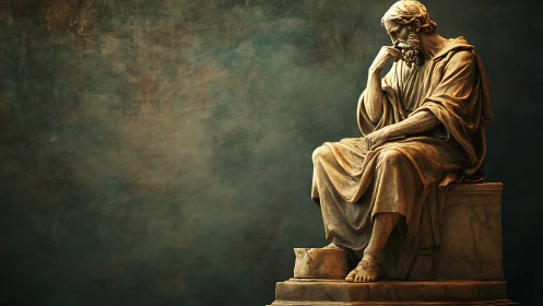 Stone seated figure is rendered in side-lit classical style