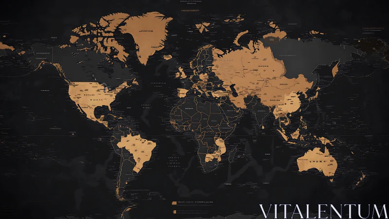 Minimalist dark world map with copper landmasses.