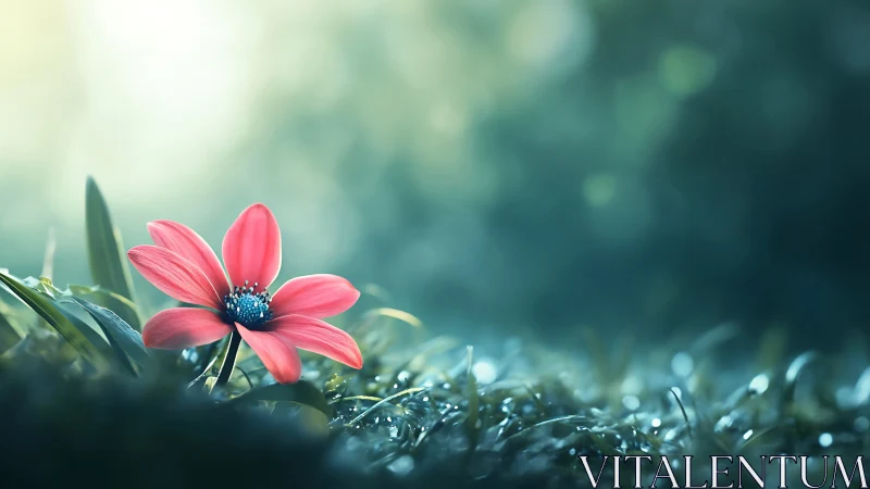 Pink Daisy Against Blurred Teal Background with Dew.
