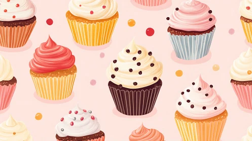 Colorful cupcakes pattern on pink background.