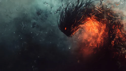 Fire wreathed shadow serpent emerges through swirling smoke