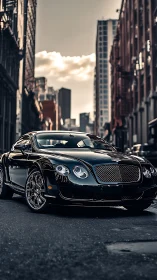 Luxury black coupe glides through dramatic urban streetscape