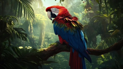 Photorealistic scarlet macaw in layered tropical canopy study.