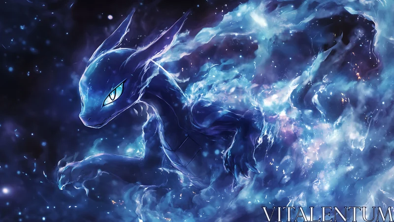 Cosmic dragon spirit emerges through swirling blue nebula