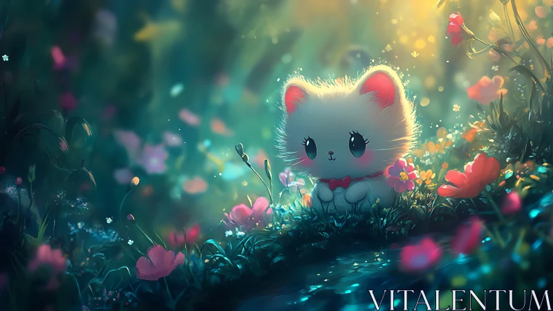 Enchanted Garden: A Magical Cat Among Glowing Flowers