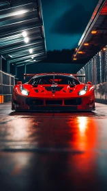 Red GT race car waits in wet night pit lane reflections.