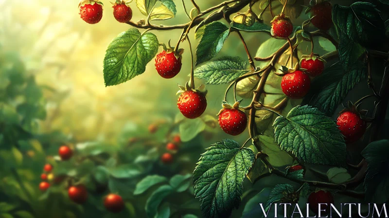 Sunlit wild strawberries in a softly glowing forest nook.