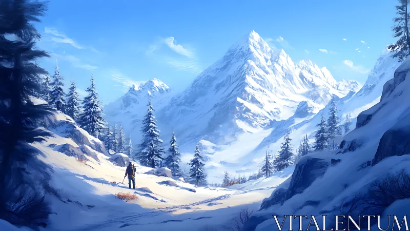 Lone wanderer crossing sunlit snow beneath towering peaks.