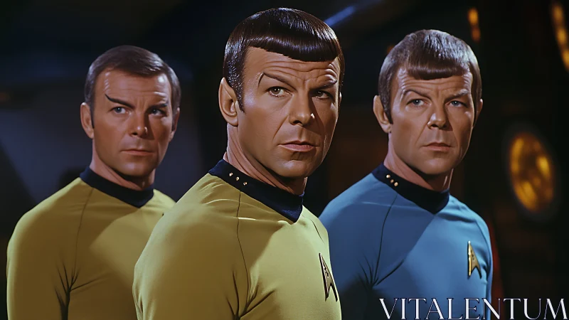 Retro sci-fi officers stand alert on a starship bridge