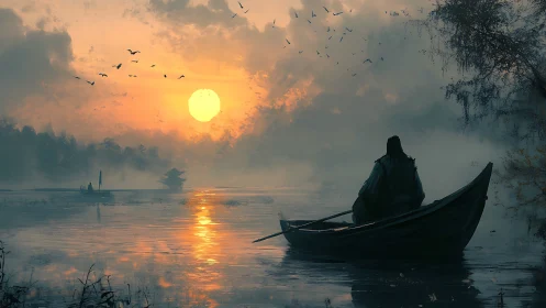 Solitary boat drifts toward misty sunrise over calm river