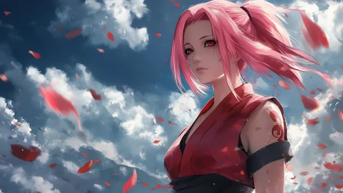 Anime heroine portrait with dynamic sky and petals in motion.