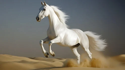 Majestic white stallion gallops powerfully across desert sands.