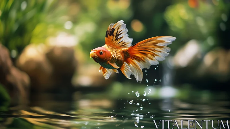 Photorealistic goldfish captured mid-leap above tranquil pond