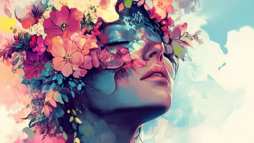 Floral daydream portrait blooming into painted sky.
