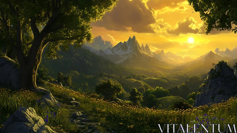 Sunlit mountain valley landscape viewed from a rocky hillside