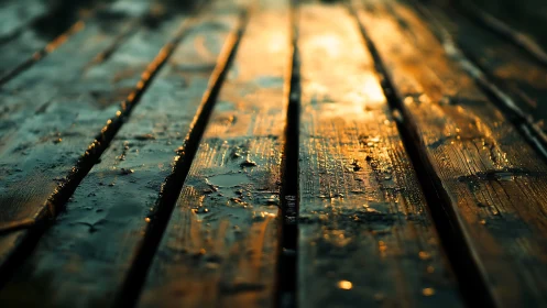 Close view of wet wooden planks under low warm sunlight.
