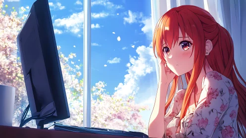 Daydreaming coder watches cherry blossoms drift past code