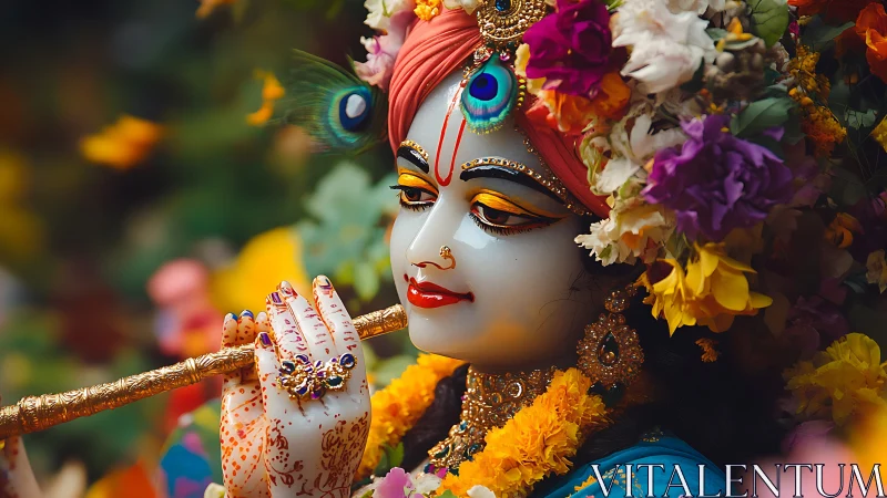 Vibrant deity portrait with ornate florals and golden flute