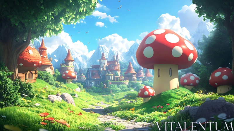 Mushroom structures in stylized valley village landscape.