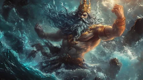 Storm-crowned sea god rising in roaring cosmic surf.