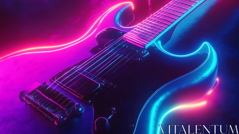 Electric guitar close-up with vivid neon blue and pink light.