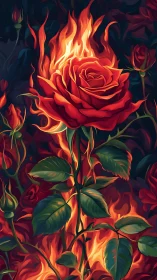 Fiery Rose Bloom with Flames and Green Foliage