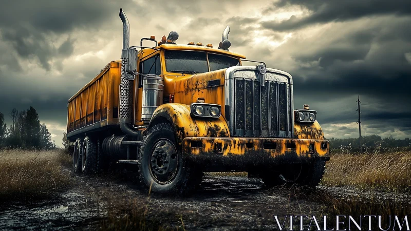 Yellow industrial dump truck on muddy rural roadside under clouds.