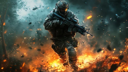 Armored soldier charging through battlefield explosion.