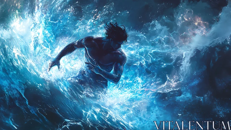 Storm-forged swimmer rising through luminous ocean surge.