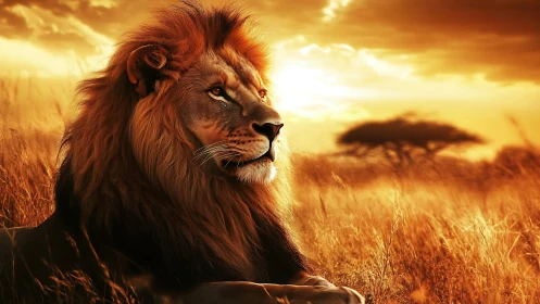 Golden savanna monarch lounging beneath firelit skies.