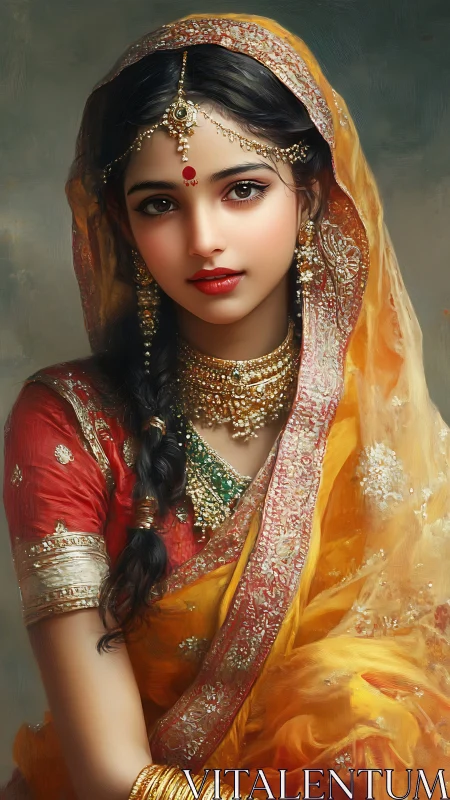 Regal portrait of jeweled woman in luminous saffron sari.